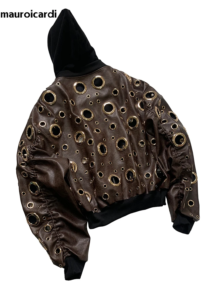 Autumn Oversized  Hollow Out Pu Leather Jacket Men Hole Cool Luxury Designer Fake 2 Pieces European Fashion Clothes Hoodie 2025