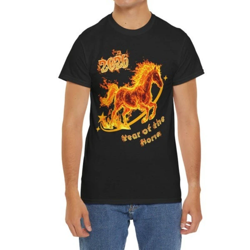 Flaming Horse 2026 Year of The Horse Tee Fiery Stallion T-Shirt Women Men Merry Christmas Shirt Harajuku Graphic T Shirts Tops