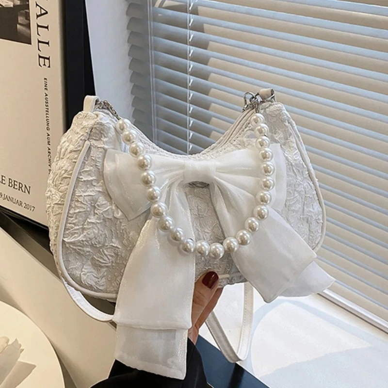 

White Folds Pop Retro Bow Bag Female Pearl Handle New Fashion Pearl Armpit Shoulder Crossbody Bag 1 Outfit Drop Shipping