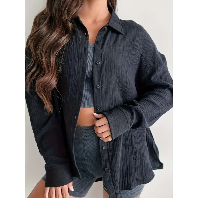 Plus Größe Neue Frauen Einfarbig Bluse Shirts Damen Casual Drehen Unten Kragen Langarm Top Büro Dame Elegant für Top