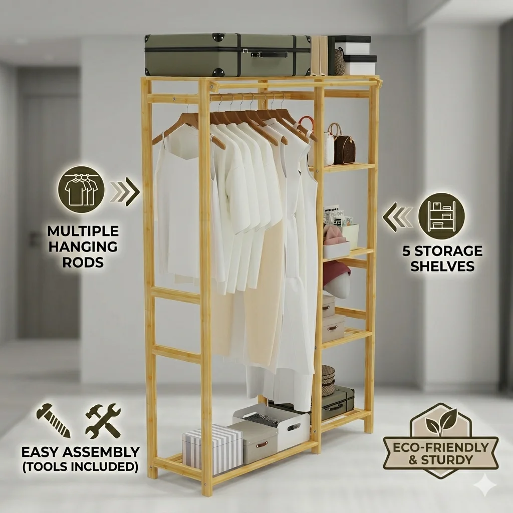 Bamboo Open Wardrobe Heavy Duty Clothes Coat Hanging Rail Rack with Storage Shelf for Home Organization