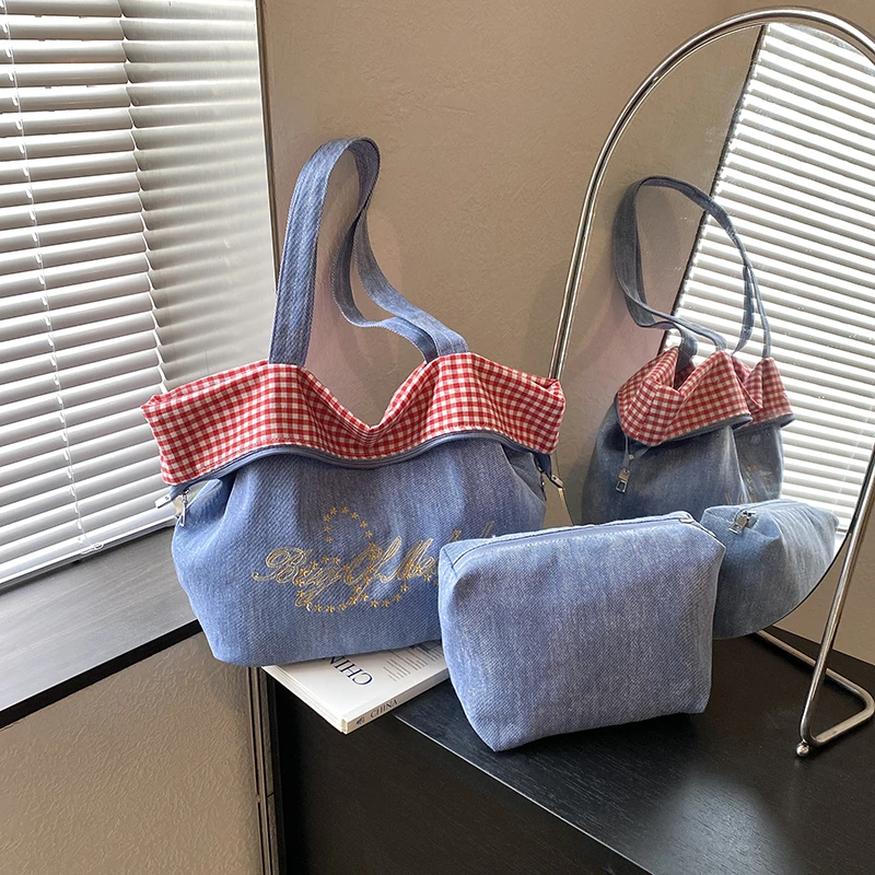 

Large Capacity Denim Shoulder Bag with Matching Cosmetic Bag Gingham Splicing Embroidery Tote Bag Soft Casual Handbag for Women