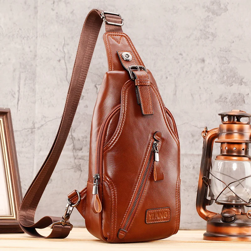 

Men Genuine Leather Shoulder Bag Chest Pack Sling Backpack Fashion Retro Trend Real Cowhide Male Messenger Side Cross body Bags