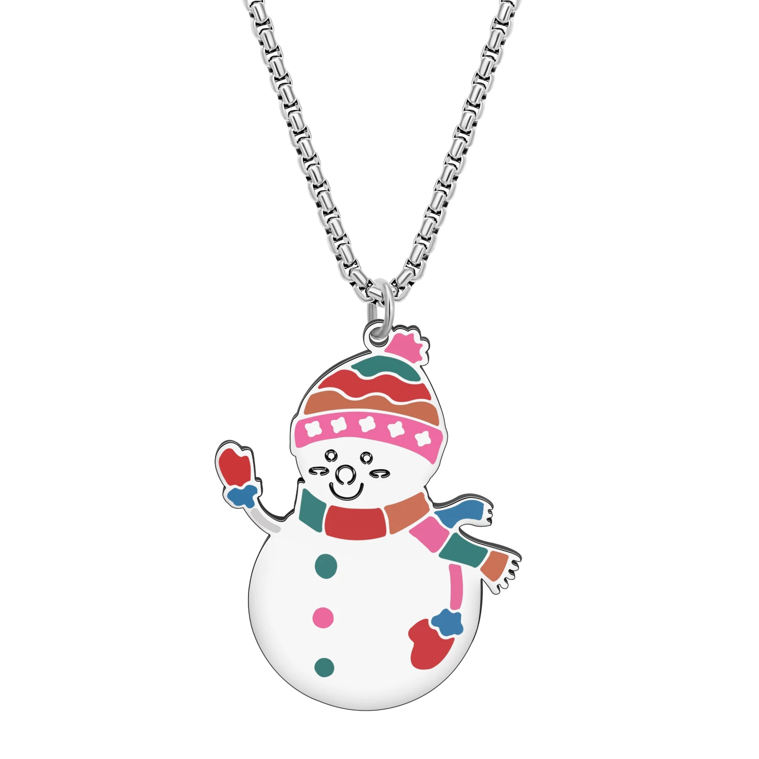 Bonsny Stainless Steel Chriatmas Ornament Colourful Snowman Necklace Novelty Party Decor Pendant for Women Girls Kids Gifts