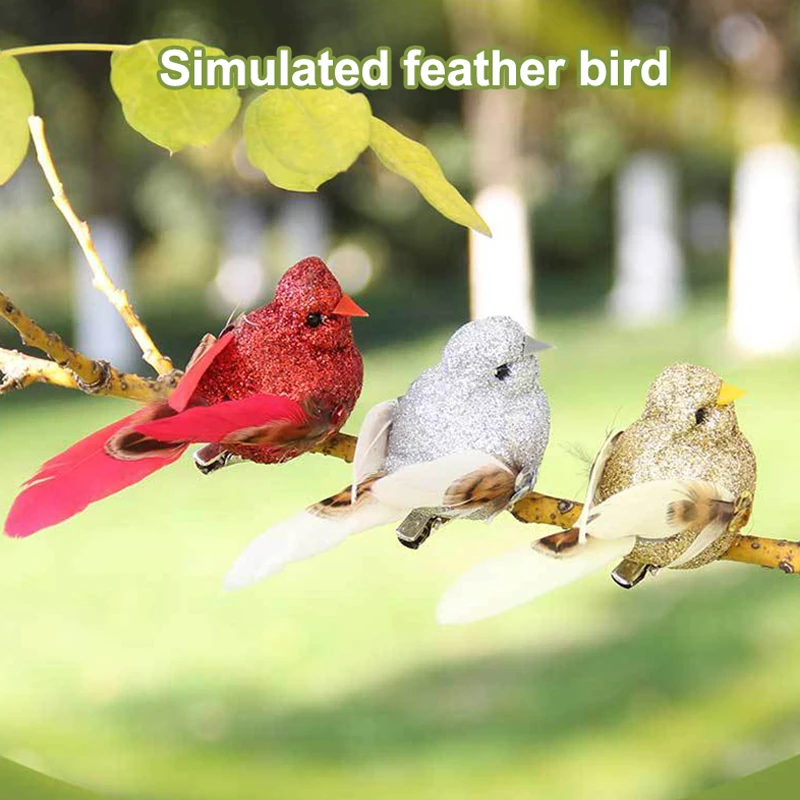1pcs Simulated small bird with gold powder feathers, green plants, garden greening decoration, artistic bird .