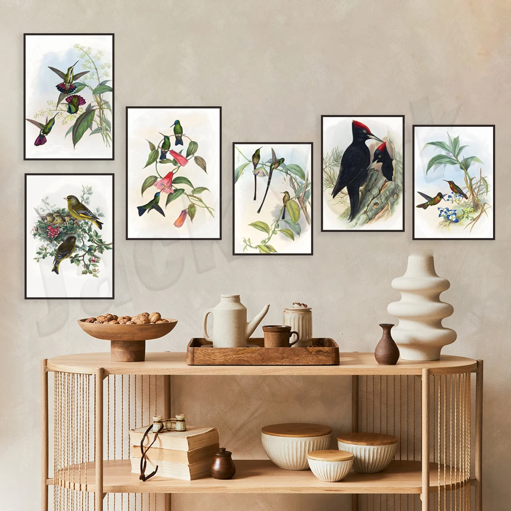 Vintage watercolor hummingbird poster, quail, redbird chicks nest, Himalayan thornbird, woodpecker, hummingbird print, bird gift