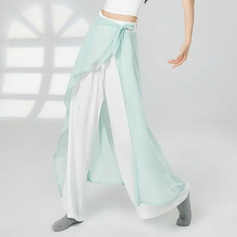 Wide Leg Skirt Pants Culottes 2 Layers Contrast Color Flowy Modern Hanfu Chinese Traditional Performance Clothes Chiffon Trouser