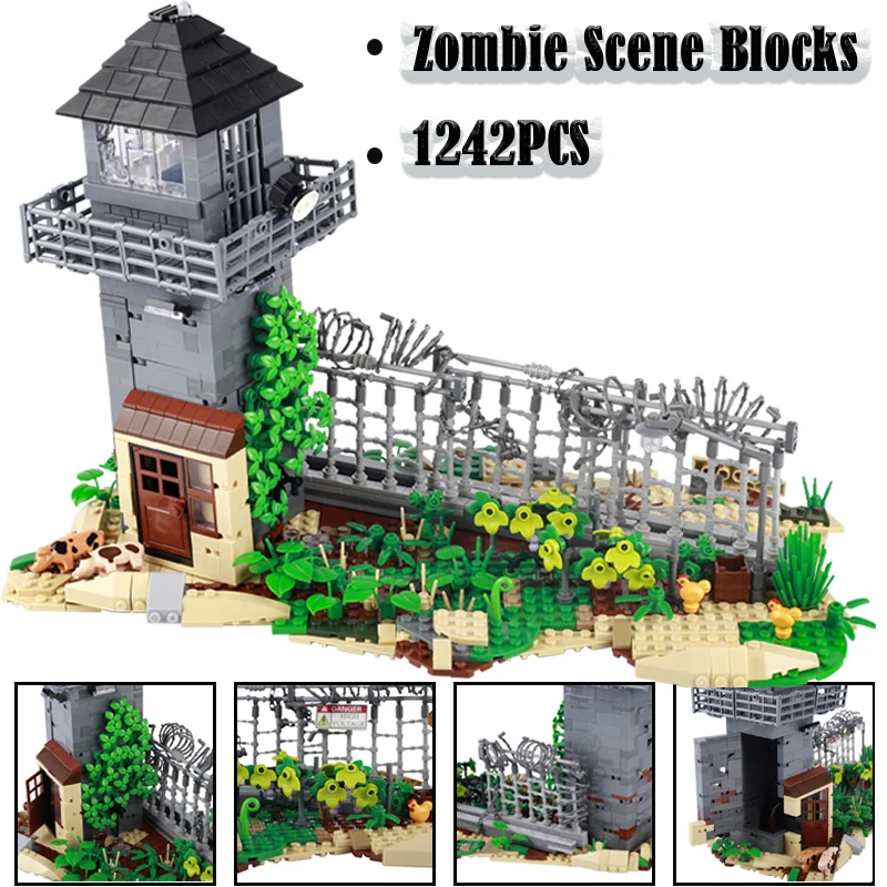 MOC Military Tower Ruins Building Blocks Army Zombie Scene Architecture Ghost Soldier Figures Accessories Bricks Toys Boys Gifts