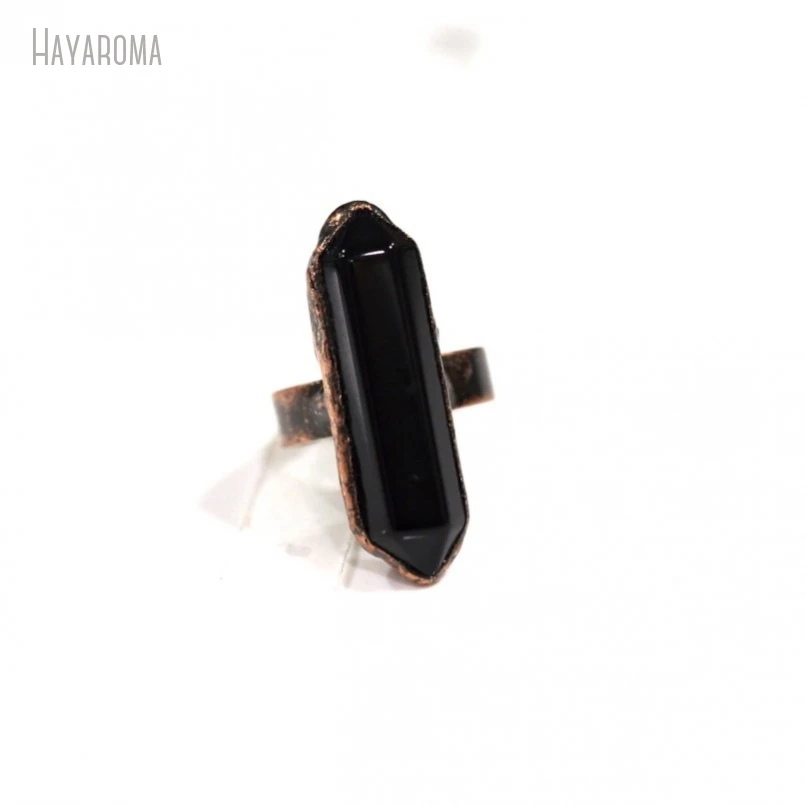 10Pcs Wholesale  Double Terminated Point Hexagon Vintage Style Antique Bronze Color Black Onyx Ring RM40988