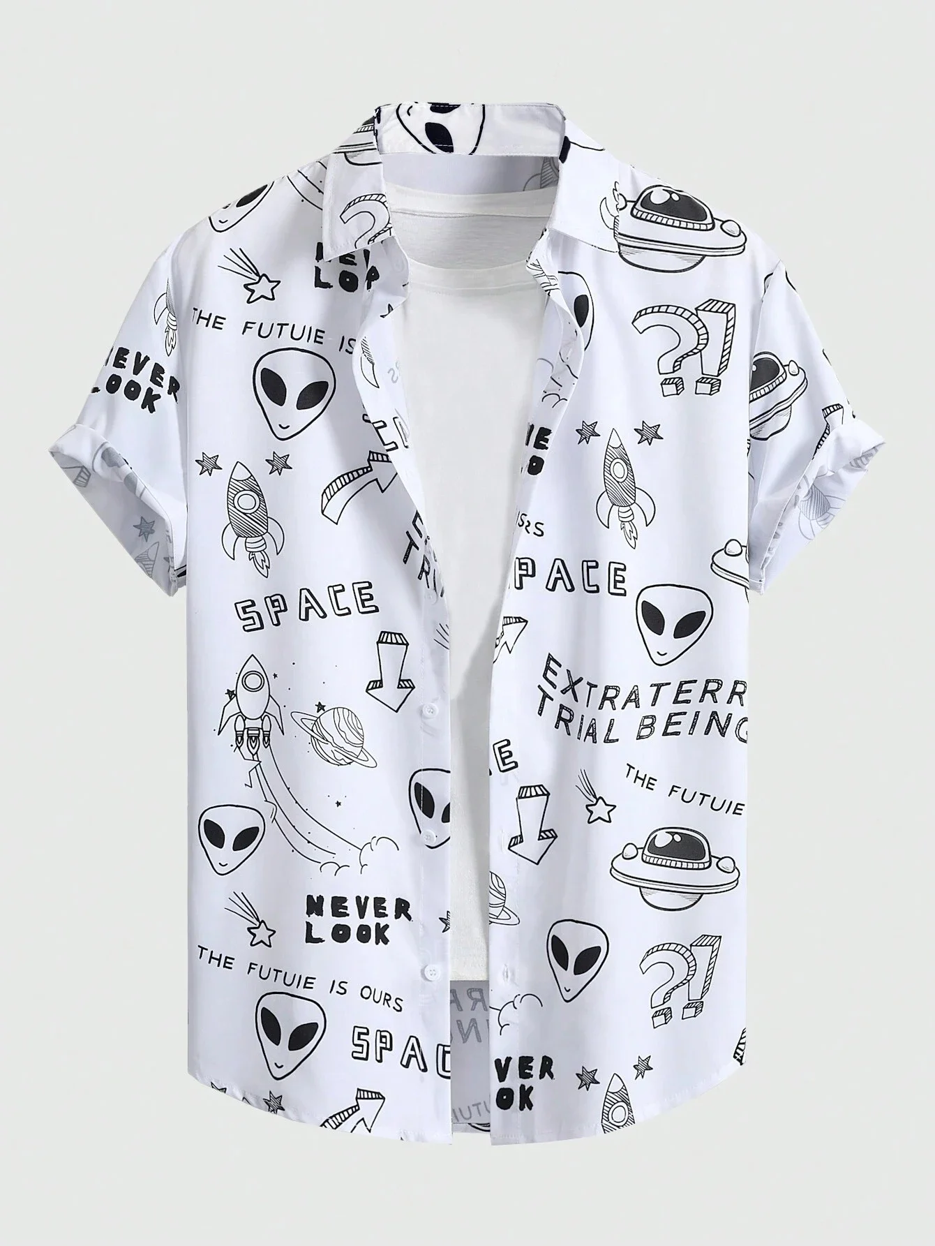 Summer Outer Space Casual Short Sleeve Shirt Men Cosmic Party Top, Solid Black Background Minimal Alien Rocket Sketch 3D Print