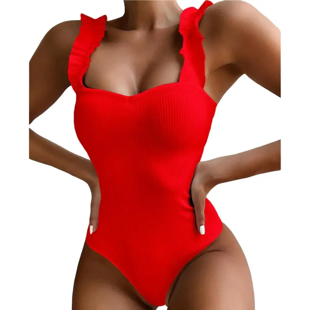 Dames Monokini Backless Ruffle Vierkante kraag Schouderbanden Geribbelde bodysuit Badpak Effen kleur Bikini uit één stuk Strandkleding