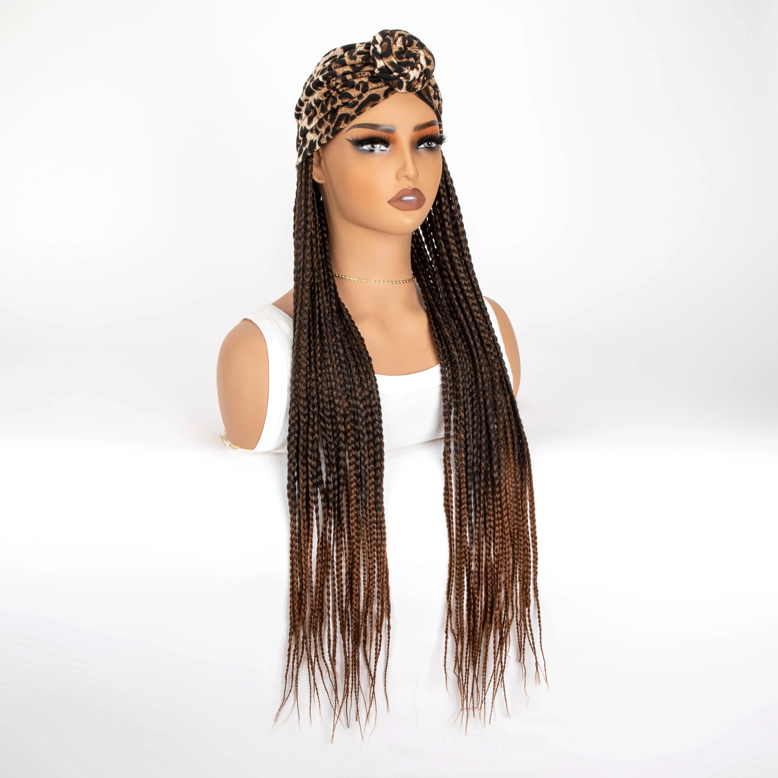 Long 24Inch Synthetic Ombre Black Brown Braided  With Leopard Print Headband Turban Braiding Hair Extensions Wig For Black Women