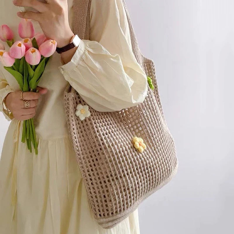 Fashion Hollow Knitted Flower Women\'s Bags Casual Female Shoulder Bags Crochet Tote Bags Ladies Shopping Top-Handle Bags Handbag