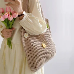 Fashion Hollow Knitted Flower Women's Bags Casual Female Shoulder Bags Crochet Tote Bags Ladies Shopping Top-Handle Bags Handbag