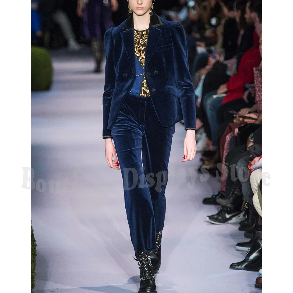 

Navy Blue Velvet Suit For Women Luxury 2026 Hot Sale Notched Lapel Double Breasted Elegant Female Clothes Set Two Pieces