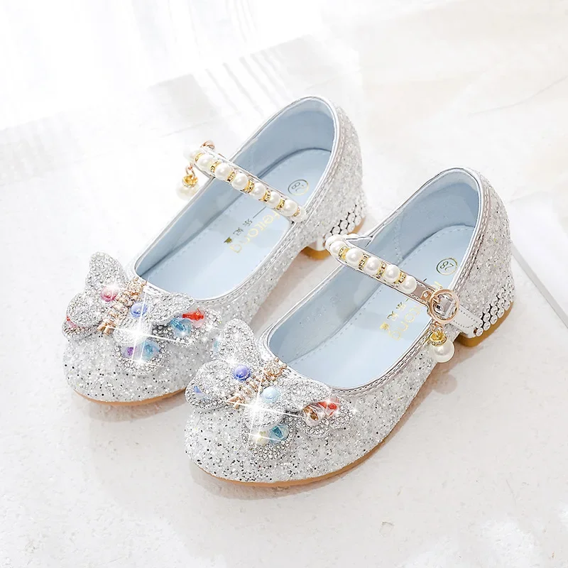 Scarpe da principessa per ragazze bambini Casual Glitter scarpe in pelle con tacco alto primavera autunno moda paillettes scarpe singole da sposa