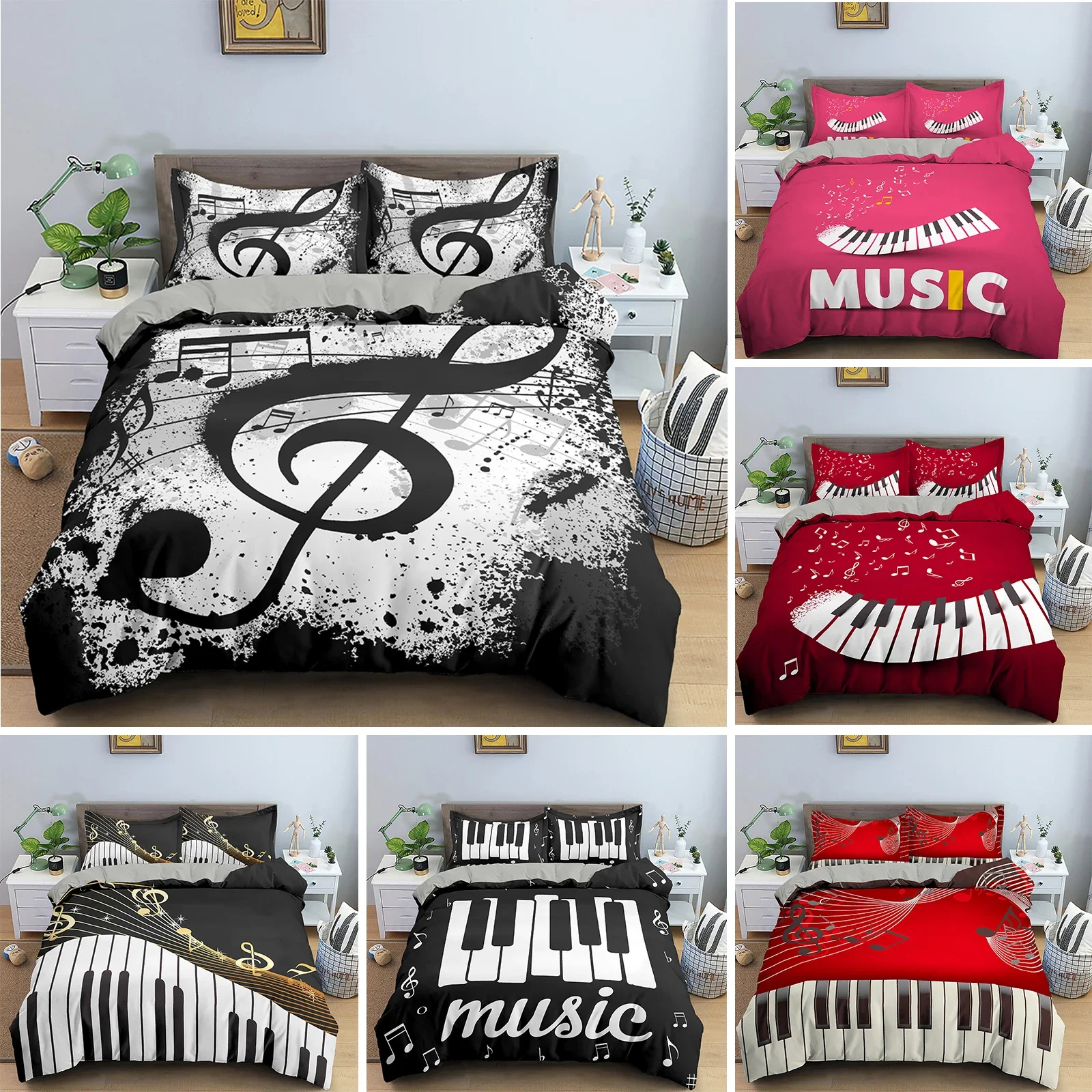 

Music Bedding Set Piano Keyboard Music Note Duvet Cover Queen Size Bed Linen Comforter Microfiber Guitar Polyester Bedding Sets