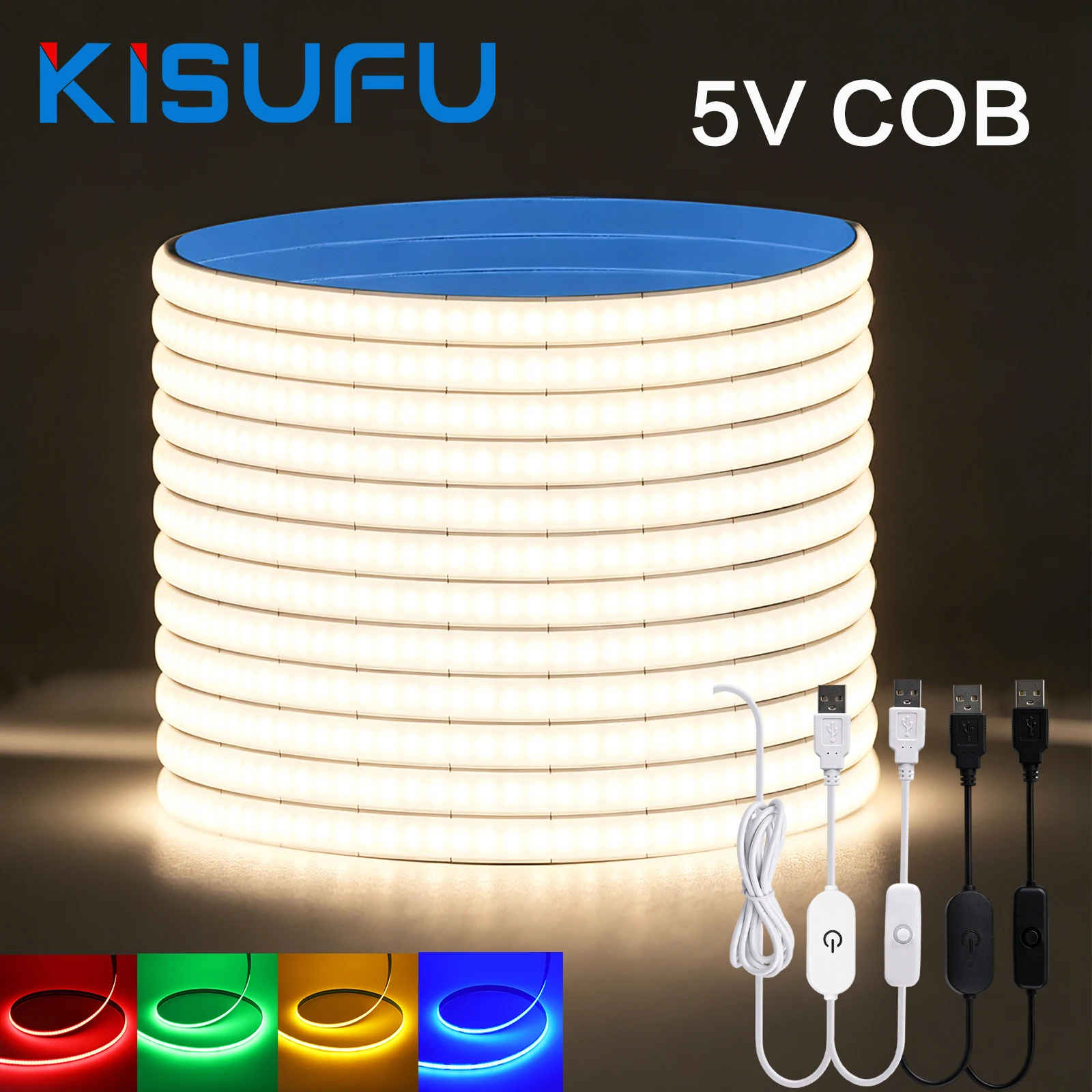 5V USB COB Led Strip Lights With Switch Touch Dimmer 8MM High Density 320LEDs/M Room DIY Mirror TV Backlight Night Light 8Colors