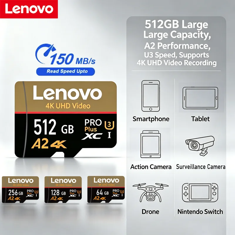 Lenovo 512GB Micro SD/TF Card Class 10 Mini Memory Card for Camera Phone PC - 64GB 128GB 256GB High-Speed Data Storage