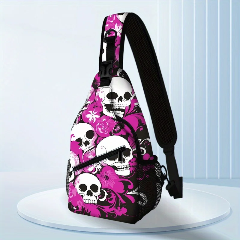 Adjustable Crossbody Sling Bag with Skull Floral Design Stylish Black Waist Pack for Men & Women, Perfect for Outdoor