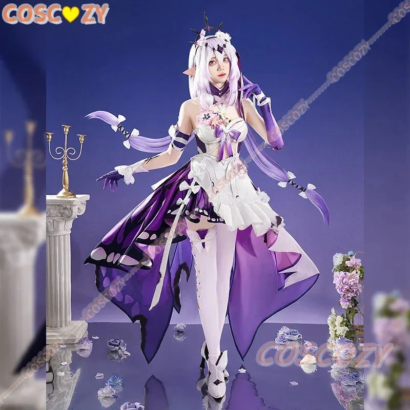 لعبة هونكاي ستار رايل كاستوريس أزياء تنكرية باروكة خادم الموت فستان أغطية الرأس فستان الفراشة فستان الهالوين للفتيات والنساء