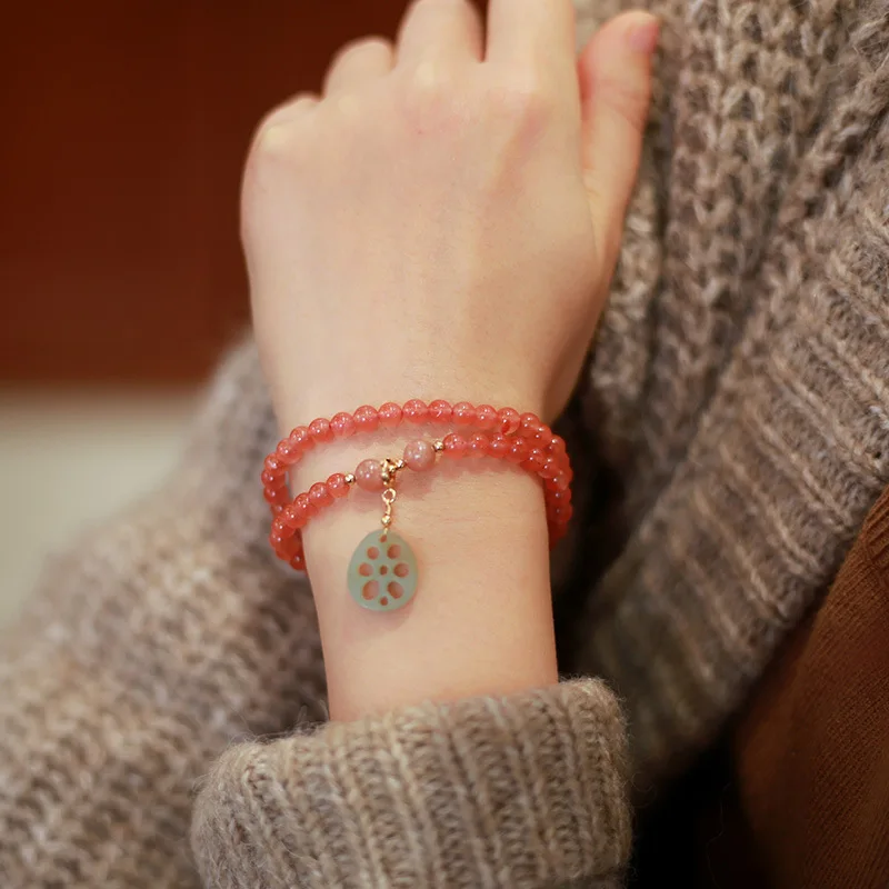 

Натуральный двухслойный южный красный агат толщиной 5 мм с ломтиками лотоса из нефрита Хэтянь, круглый браслет из бисера для женщин, этнический стиль