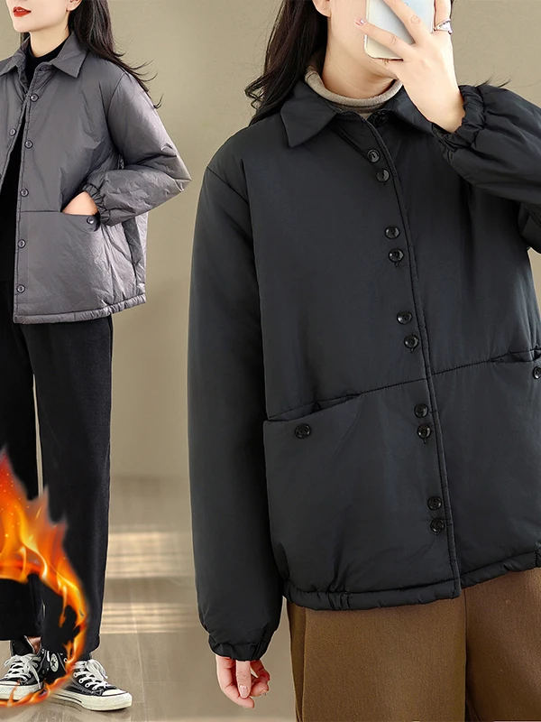 Casual Loose Collar Pure Color Patchwork irt Women's Winter Thiened Korean Sle Anti-Aging Cotton Jaet Outerwear