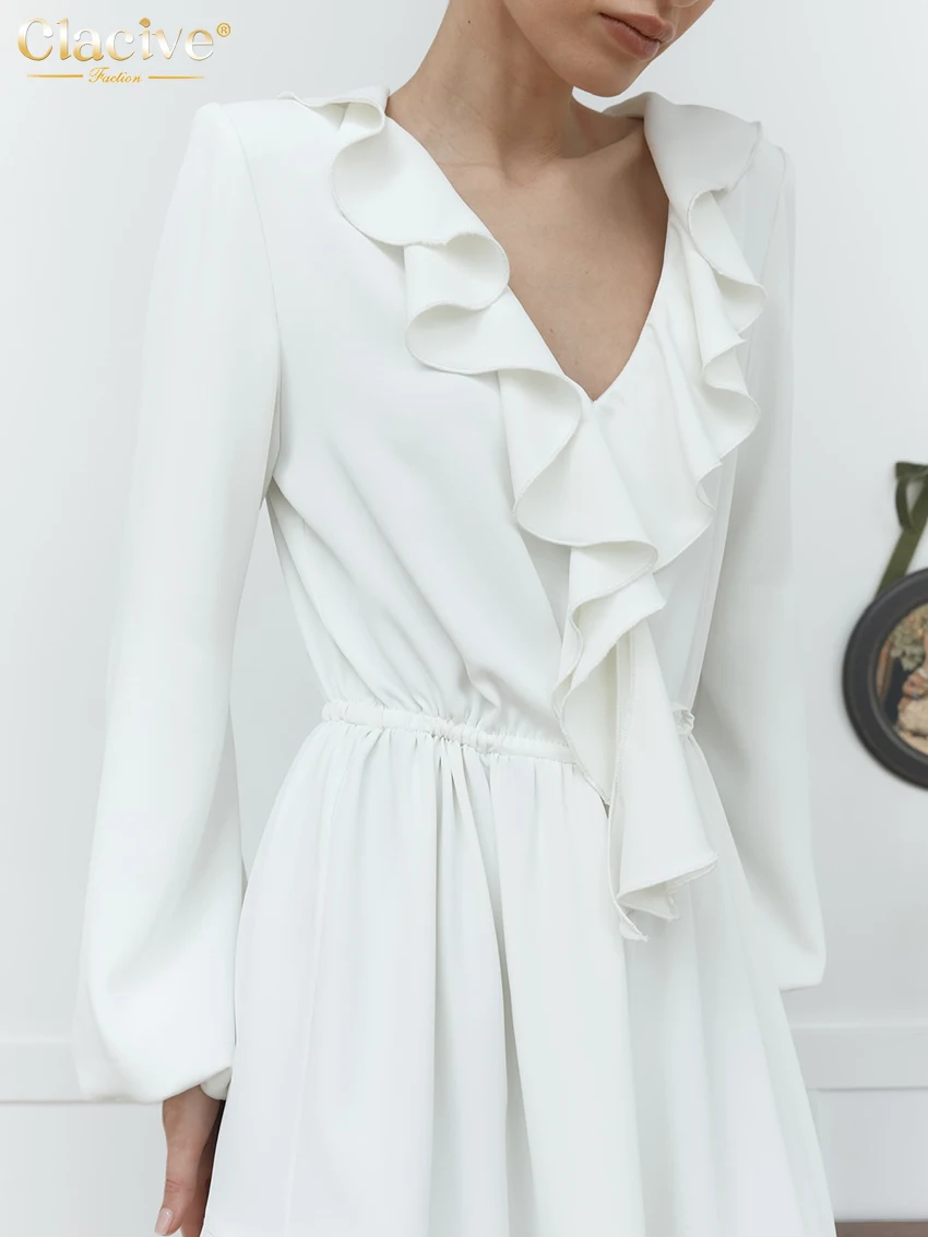 Clacive Fashion Loose White Women Dress Sexy V-Neck Long Sleeve Ankle Length Dresses Elegant Classic Ruffle Dress Female Clothes