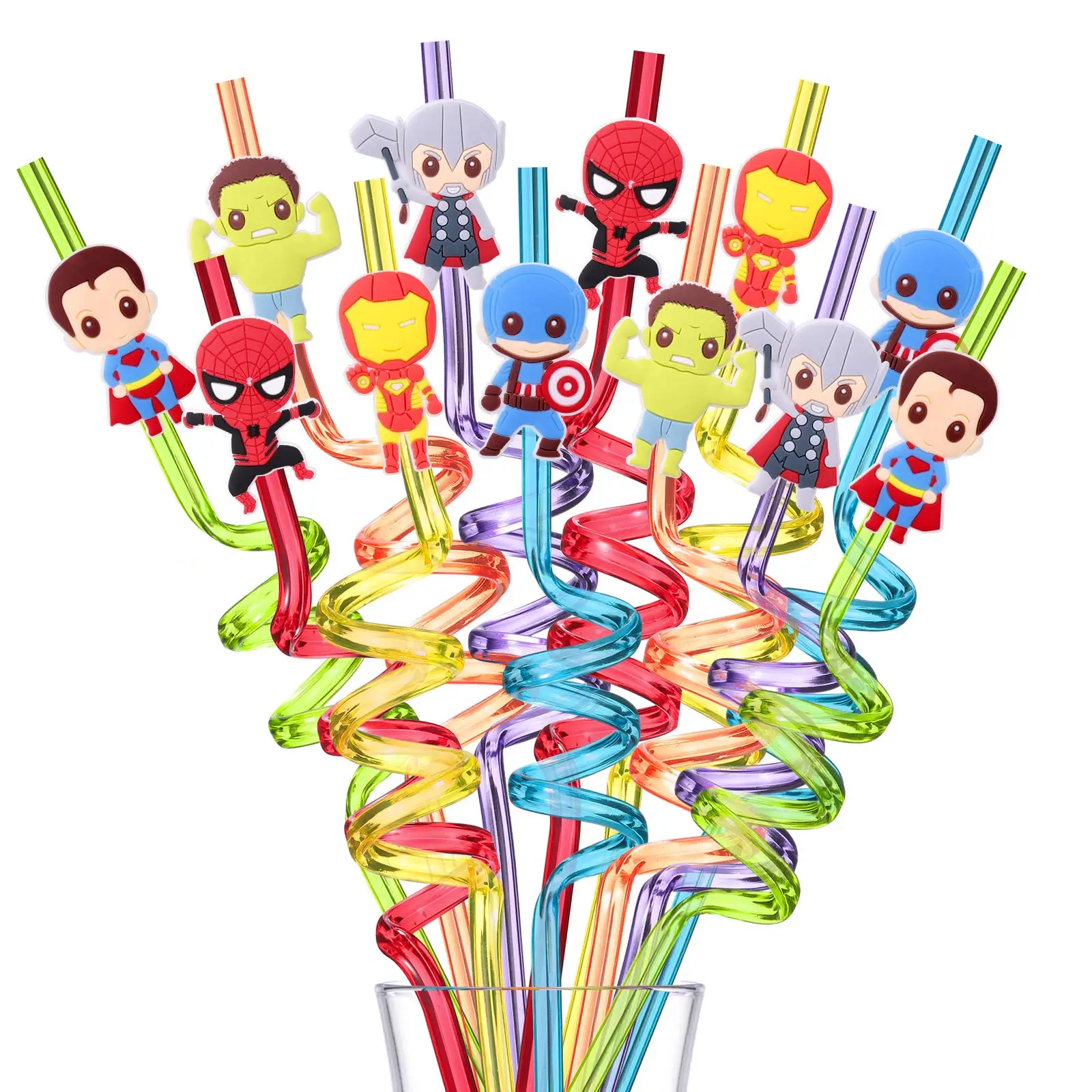 

Superhero Party Straw Supplies Colorful Crazy Curly Loop Spiderman Reusable Drinking Straw Kids Birthday Party Decoration Gifts