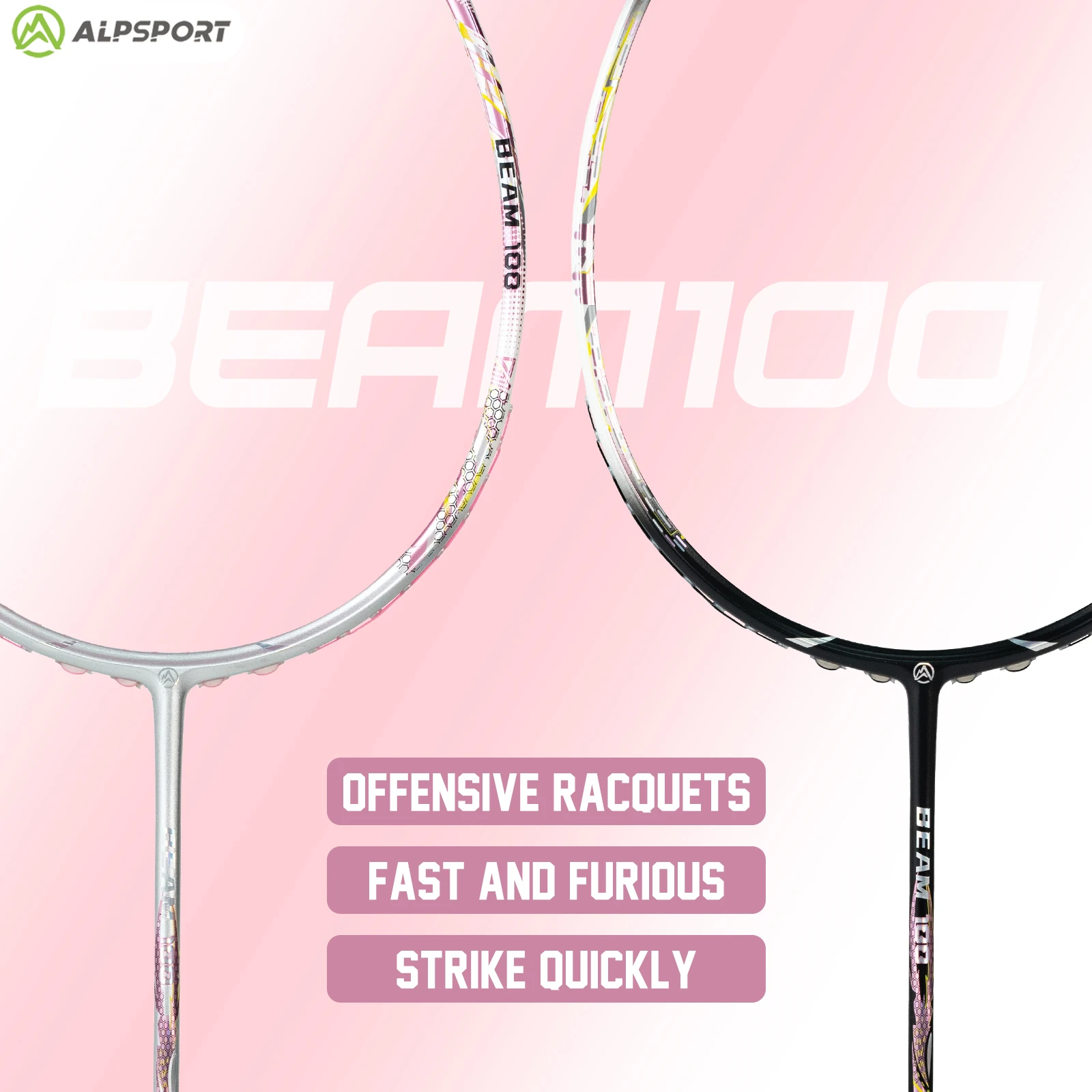 

ALPSPORT New【BEAM100】5U 100% Carbon Fiber Original Design Goddess Girls Badminton Racket T800 Strings And Grip Lnstalled Pink