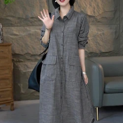 Advanced Casual Dress for Women's Autumn New Collection Long Sleeved Loose Temperament Striped Shirt Dress