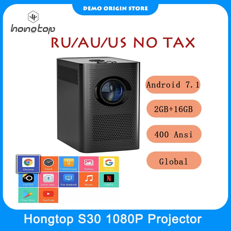 

HONGTOP S30 Global Version Min Projector Portable 1080P FHD Android 7.1 2GB+16GB Home Ciname Theater Beamer For Home Theater