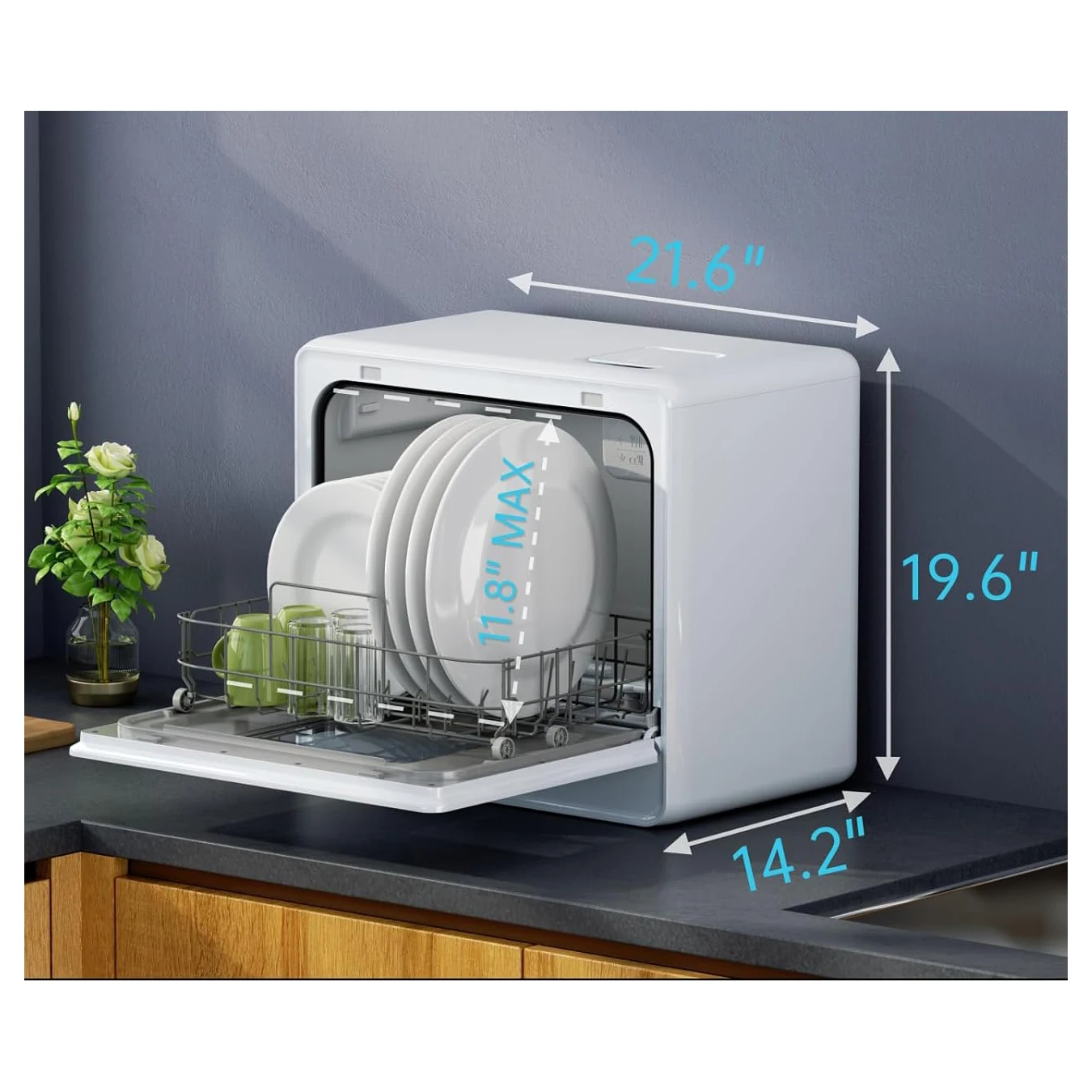 

Large Capacity Countertop Dishwasher, Whisper Slient 45 DB, Salt Compartment Design, 2 Level Racks, White