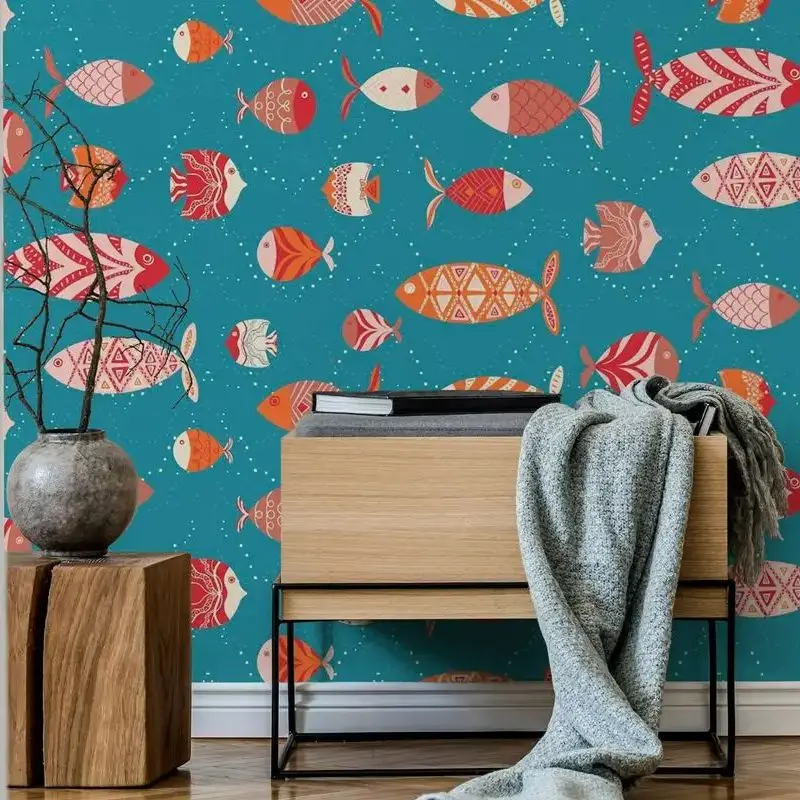 

Fish Adrift Wallpaper Peel and Stick -Seafish On Blue Wall Paper ,Waterproof Cartoon Wall Paper Kids, Non-Woven Wall Paper Roll