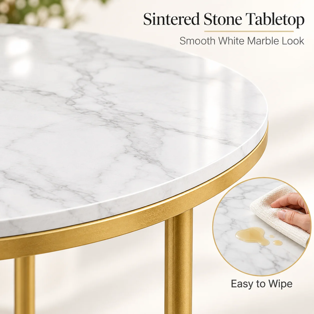 Set of 2 Round Nesting Side Tables 45cm Sintered Stone Tops Gold Metal Frame for Living Room Sofa Side