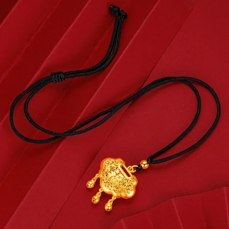 

9999 Real Gold 24K Auspicious Baby Lock Pendant Hollow Fu Character Safety Lock Bell Black Rope Necklace