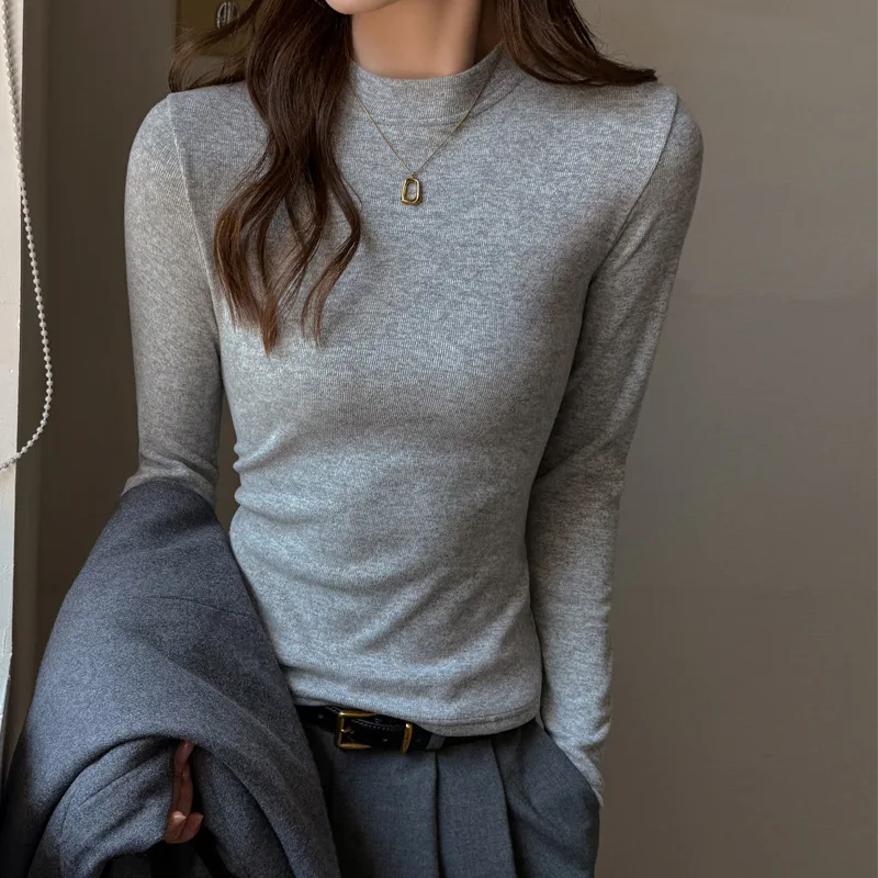 

Women's Gray Faux Cashmere Stand Collar Sweater Autumn Winter Slim Fit Shoulder Top High-end Inner & Outer Wear