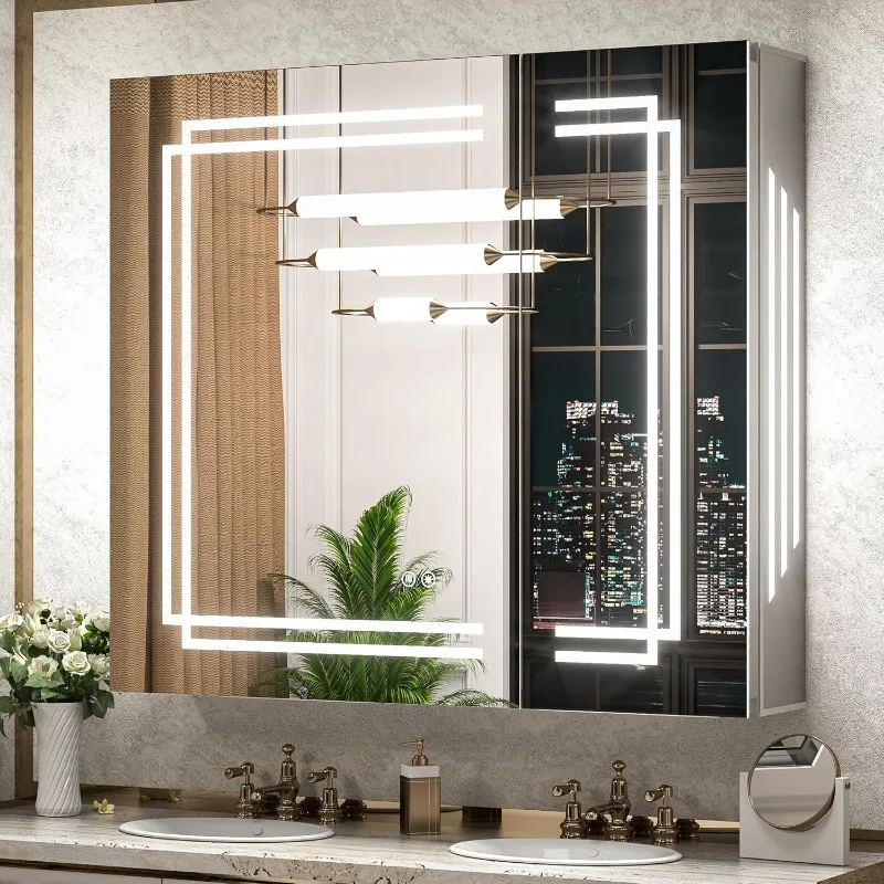 

Bathroom medicine cabinet with LED mirror, anti-fog, memory function, wall mounted vanity mirror with storage