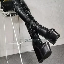 Platform Wedges Rivet Black Over The Knee Boot Plus Size Round Toe Thick Sole Height Increasing Sexy Zipper Closure Modern Boots
