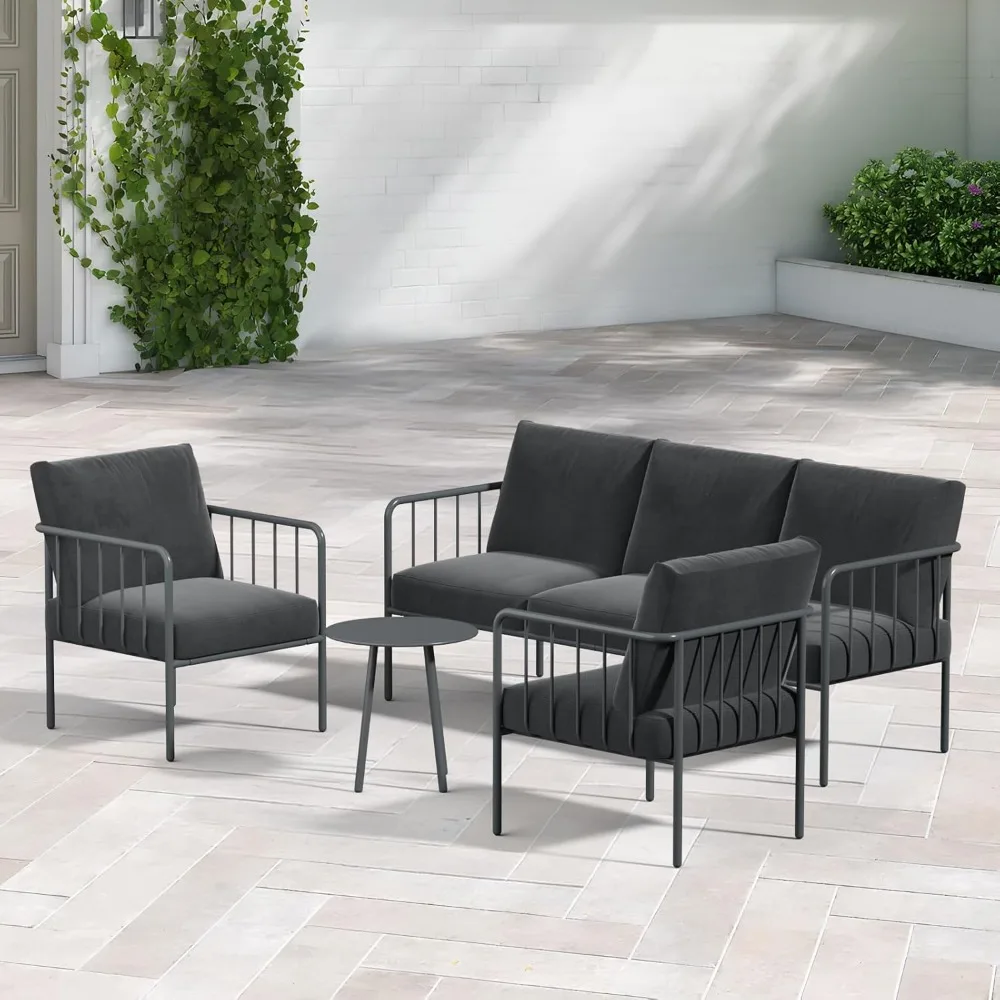

4-Piece Patio Furniture Set, Outdoor Conversation Set with 3-Seat Sofa, 2 Armchairs and Coffee Table, Modern Deep Seating with C
