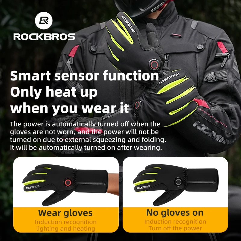 

ROCKBROS Winter Bicycle Gloves Smart Sensing Electric Heated Ski Gloves Type-C Touch Screen Motorcycle Snowboading Bike Gloves