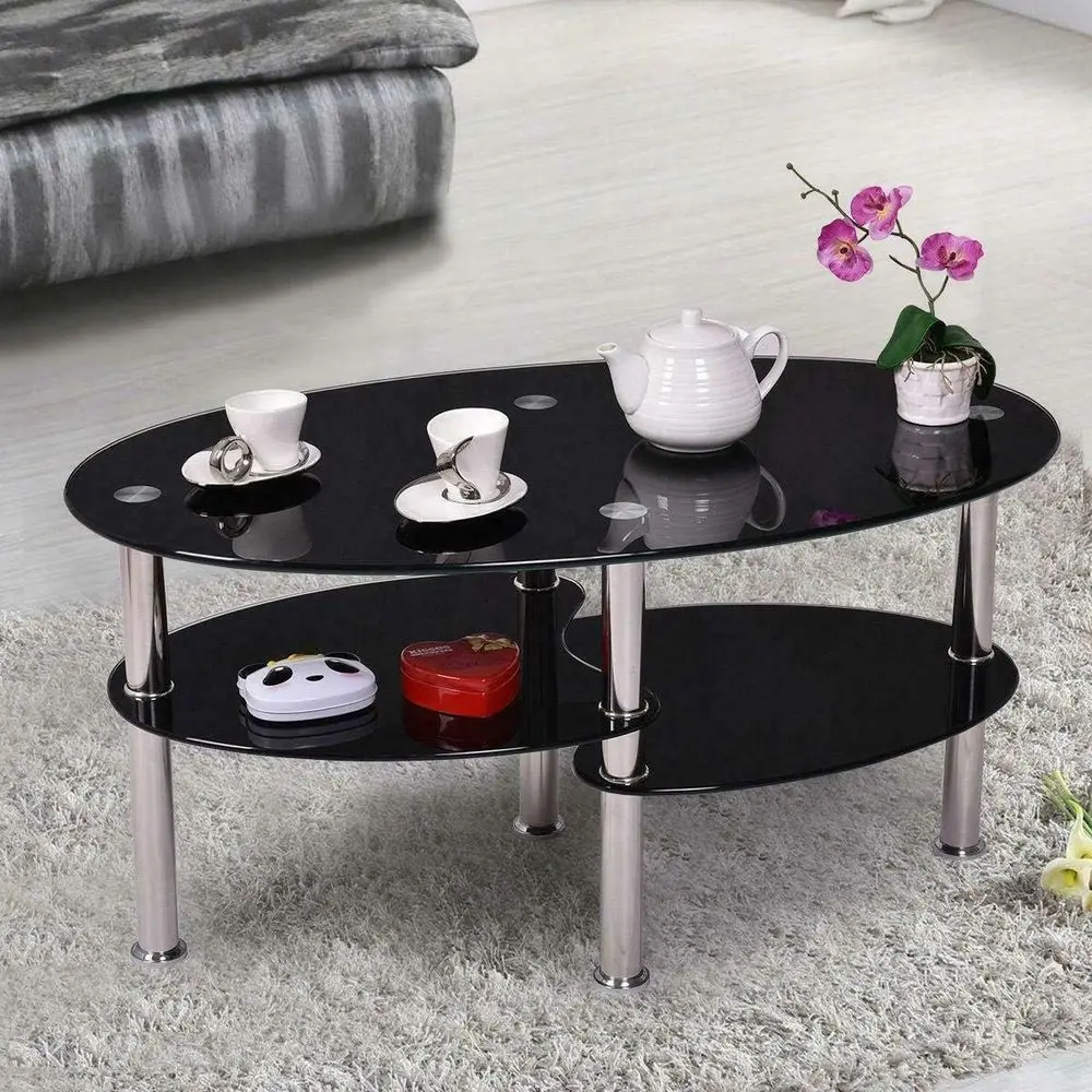 

Oval Glass Side Coee Table Chrome Bars with Shel Living Room urniture Black