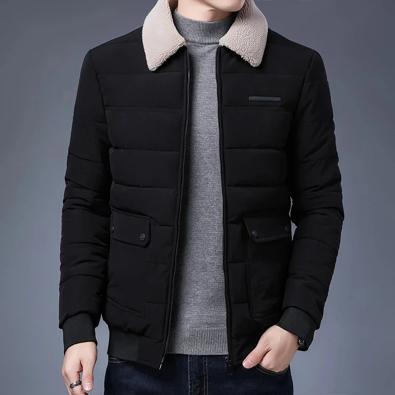 Blusão de algodão acolchoado masculino, parkas casual, casaco quente, gola de pele, casacos à prova de vento, moda exterior, outwear masculino, inverno