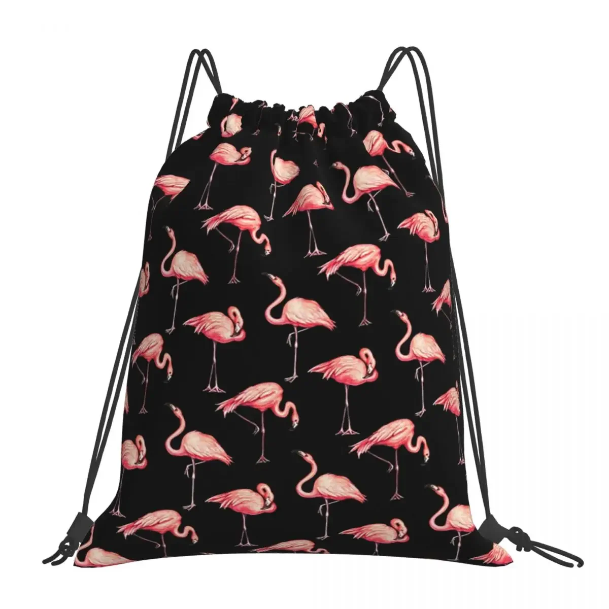 Flamingo Pattern - Black Backpacks Portable Drawstring Bags Drawstring Bundle Pocket Shoes Bag BookBag For Man Woman Students