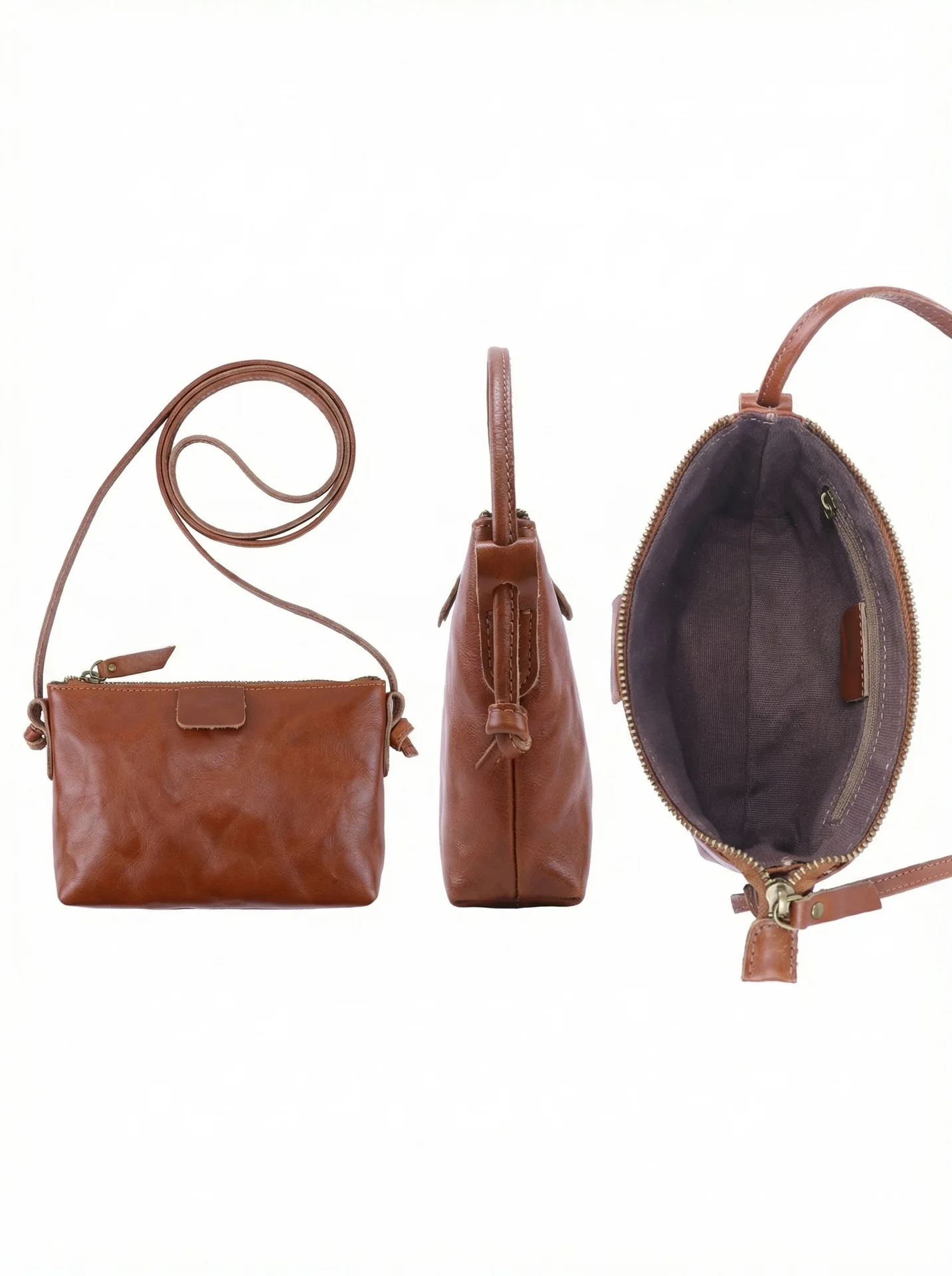 Vintage Genuine Leather Crossbody Bag Full Grain Vegetable Tanned Leather Zipper Shoulder Purse Travel Phone Pouch for Women