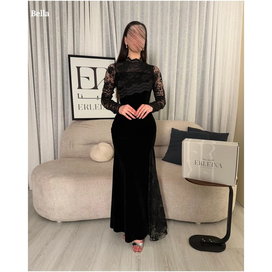 

Bella Индивидуальные черные бархатные вечерние платья с высоким воротом и длинными кружевными рукавами, элегантные кружевные вечерние платья длиной до пола