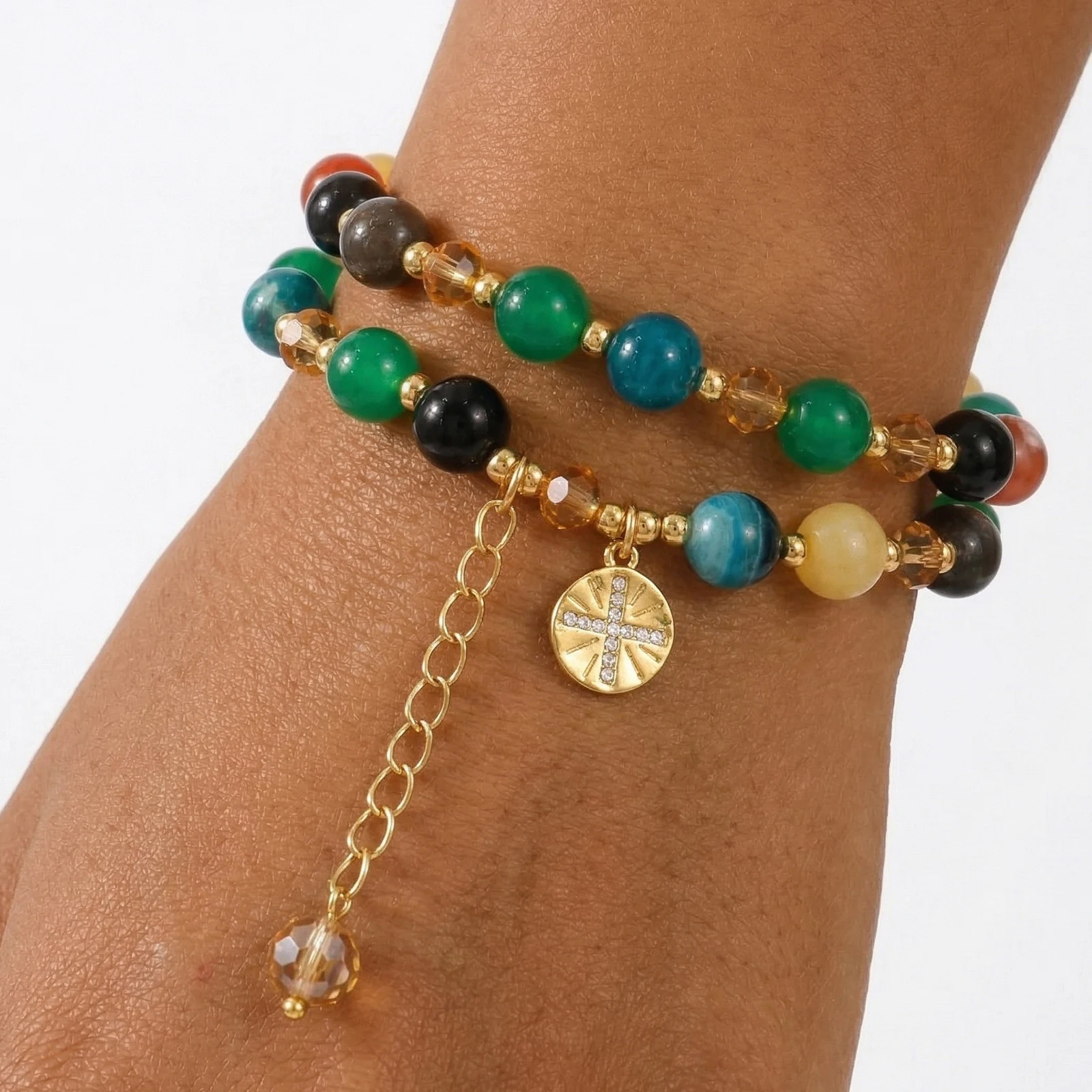 

1pc Bohemian Semi Precious Stone Beaded Wrap Bracelet Colorful Round Copper Chain Bracelet For Women