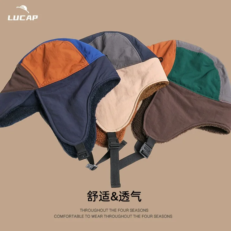 Korean Fashion Color Matching Lint Bomber Hats for Men and Women Winter Outdoor Riding Warm Earflaps Versatile Ski Pilot Caps