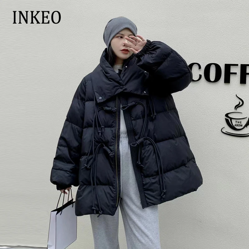 

Chinese style Women's Warm Down jacket Oversized 2023 New arrival Scarf Lantern sleeve Parka Feather coat Streetwear INKEO 3O007