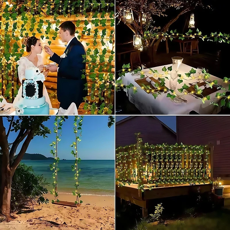 12mSolar Ivy String Lights LED Outdoor Vite artificiale Ghirlanda di Natale Fata String Lampada per piante Foglia d'acero Stringa di rattan verde